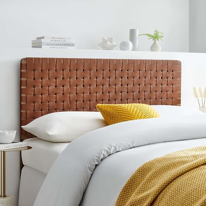 Modway Sparta Vegan Leather Weave Full Headboard in Walnut Brown Faux Leather Full Headboard Only, Height Adjustable Headboard, Freestanding Headboard for Teenager's Bedroom