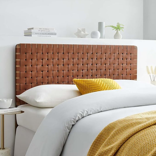Modway Sparta Vegan Leather Weave Full Headboard in Walnut Brown Faux Leather Full Headboard Only, Height Adjustable Headboard, Freestanding Headboard for Teenager's Bedroom