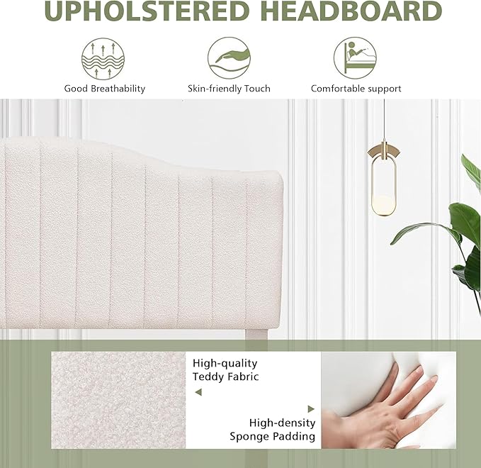 VECELO Queen Size Bed Frame Upholstered Platform Beds with Height-Adjustable Teddy Fabric Headboard, Strong Wood Slats 7.9'' Under Bed Storage Space Noise-Free No Box Spring Needed, Beige