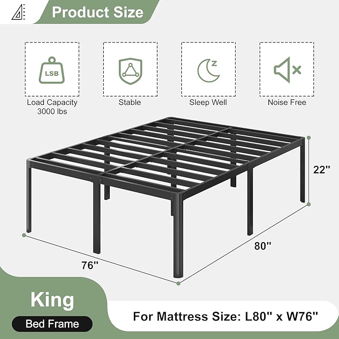 Lutown-Teen 22 Inch High King Bed Frame with Rounded Corner Legs, Sturdy Mattress Foundation, Heavy Duty Metal King Size Platform No Box Spring Needed, Noise Free, Easy Assembly, Black