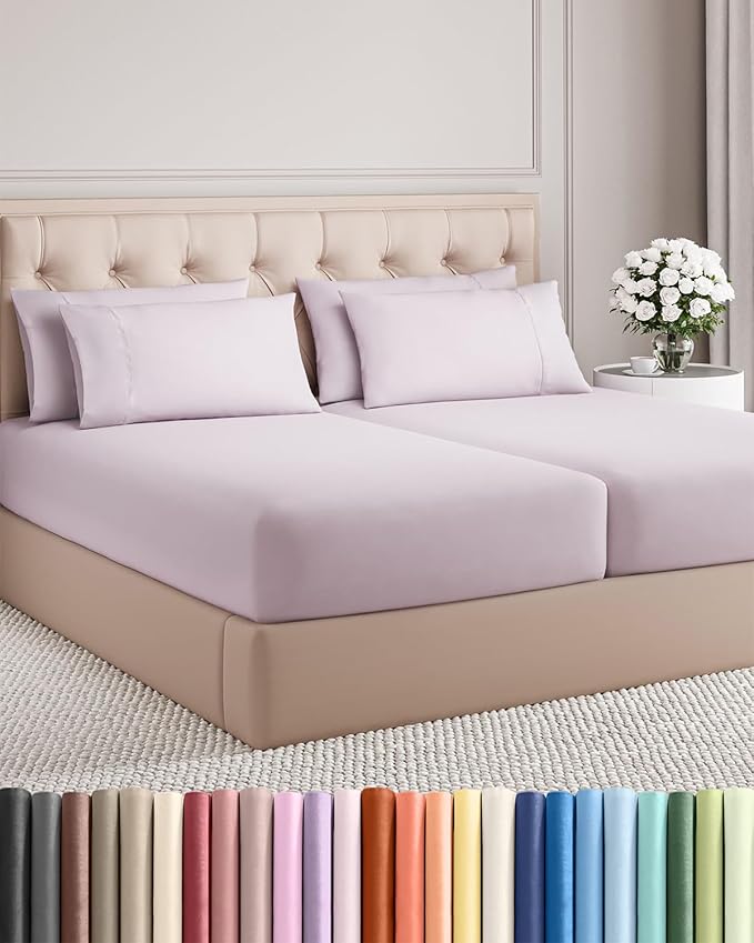 Split King 7 Piece Sheet Set - Comfy, Breathable & Cooling - Hotel Luxury Bedding for Women, Men, Kids, Teens and Children - 1 Flat & 2 Fitted Sheets & 4 Pillowcases w/ Deep Pockets - Light Lavender