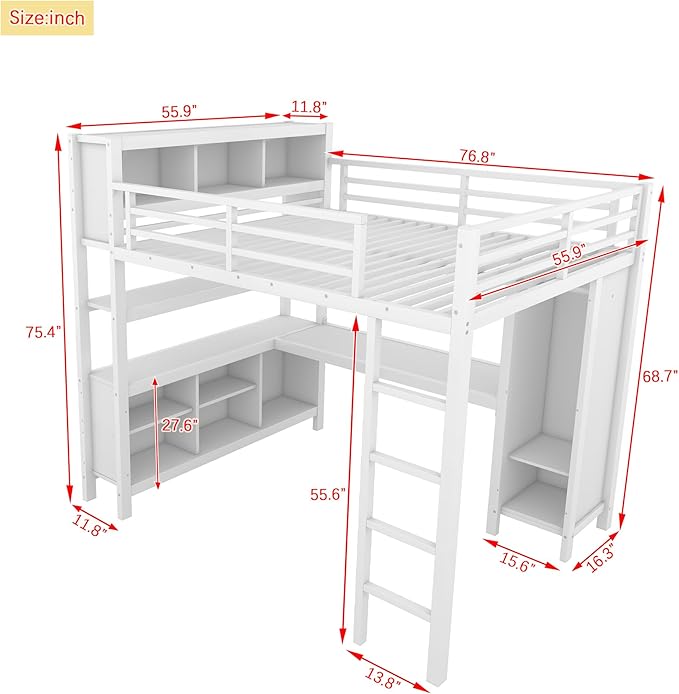 Full Size Loft Bed with L Shaped Desk, Wardrobe and Storage Shelves, Metal Heavy Duty Loft Bed Frames with Ladder and Guardrails for Kids, Teens, Juniors, Space Saving (White, Full)