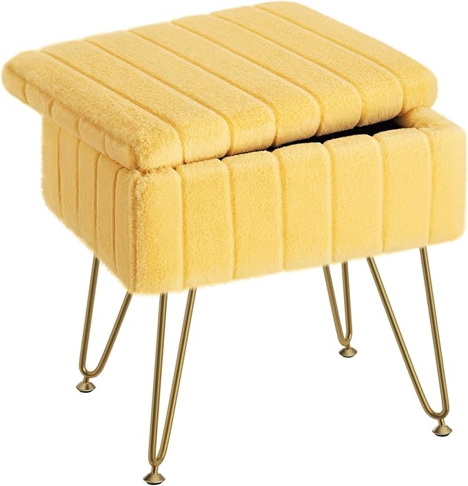 Greenstell Vanity Stool Chair Faux Fur with Storage, 15.7"L x 11.8"W x 19.4"H Soft Ottoman 4 Metal Legs with Anti-Slip Feet, Furry Padded Seat, Modern Multifunctional Chairs for Makeup, Bedroom,Yellow