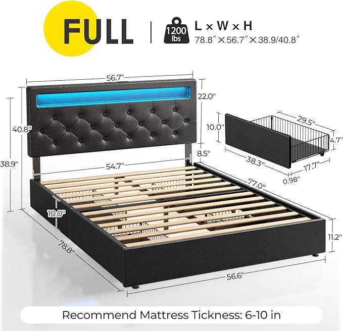 Rolanstar Full Size Bed Frame with 4 Storage Drawers and Charging Station, Full Bed with Led Lights, 2 USB & 1 Type C, Adjustable Headboard 38.9/40.8 Inches, No Box Spring Needed, Black