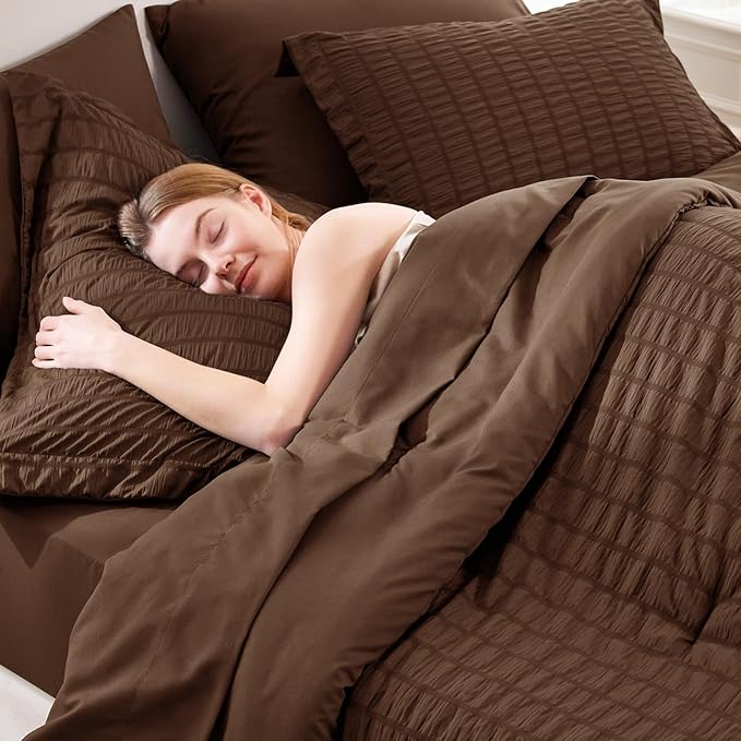 CozyLux Twin Comforter Set with Sheets 5 Pieces, Brown Seersucker Textured Bed in a Bag for Bedroom, Luxury Soft Bedding Sets with Down Alternative Comforter, Sheets, Pillowcase & Sham for All Seasons