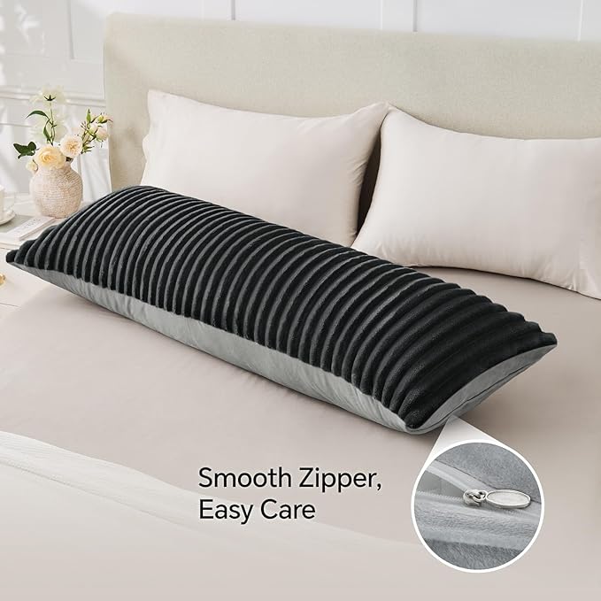 BEDELITE Fluffy Faux Fur Body Pillow Cover with Zipper, Luxury Plush 3D Striped Pillow Cover 20x54 Inches, Super Soft and Cozy Long Body Pillow Pillowcase for Bed Sofa Couch Room Decor(Black Grey)