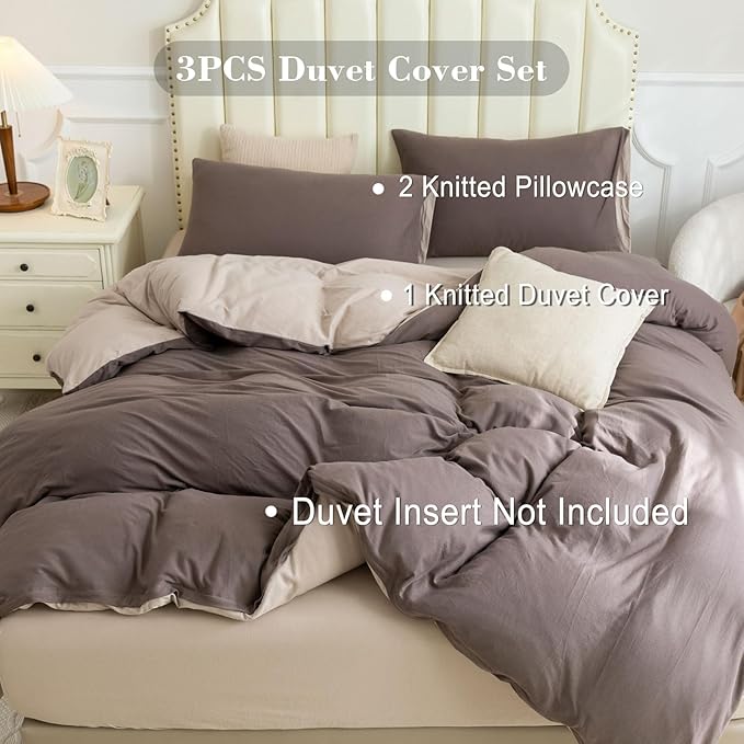 PURE ERA Jersey Knit Duvet Cover Set 100% T-Shirt Cotton Super Soft Comfy 3pc Bedding Set with Zipper Closure (Solid Brown/Dark Beige, King)