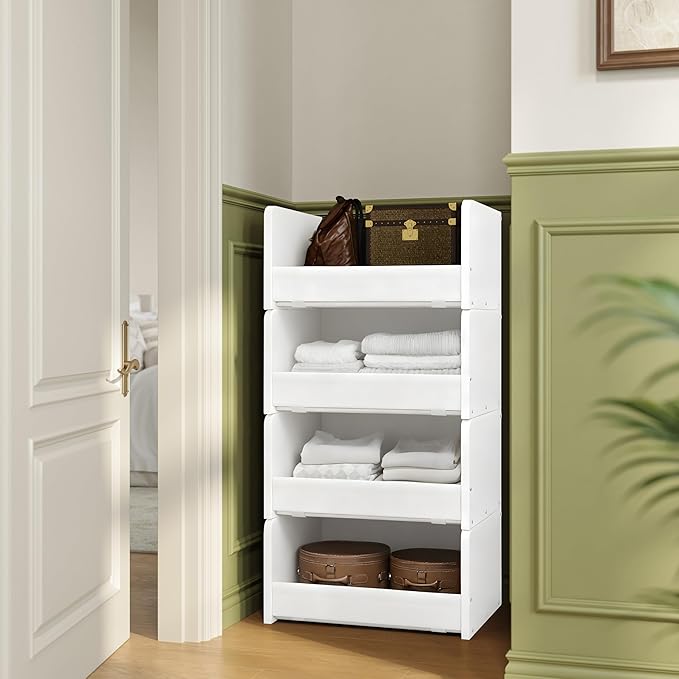 FOUCSSOMEI 4-Tier Stackable Closet Organizers and Storage, Closet Shelves – Heavy-Duty Stackable Closet Darwers Wood & Metal, Easy Assembly, Space-Saving,White, Patent Design