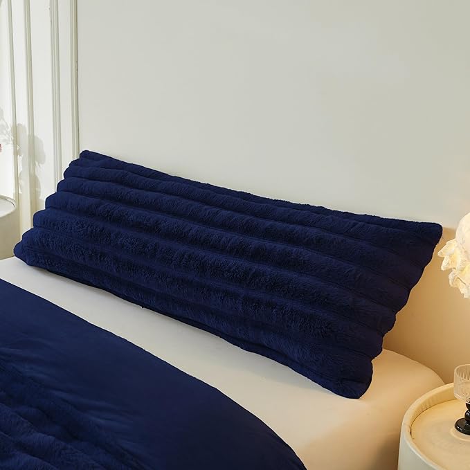 MEGO Luxury Faux Rabbit Fur Body Pillow Cover Blue, Fluffy Furry Fuzzy Striped 20x54 Bed Pillowcase, Comfy Plush Ribbed Bedroom Long Pillow Case with Zipper for Pregnant Women Side Sleeper, Navy Blue