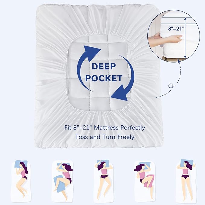 CYMULA King Mattress Topper, Cooling Pillow Top Mattress Topper for King Size Bed, Thick Mattress Pad with Elasticated Deep Pockets, Soft Firm Plush Down Alternative Fill Mattress Protector