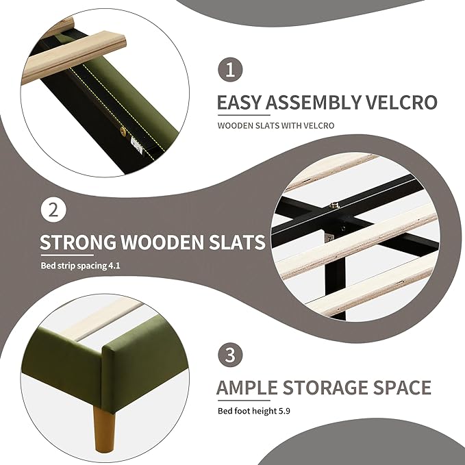 YUHUASHI upholstered Platform Bed Frame/King Bed Frame/Modern Geometric Double-Wing Design headboard/Velvet Fabric/Easy to Assemble no Noise (Grass Green, King (U.S. Standard))