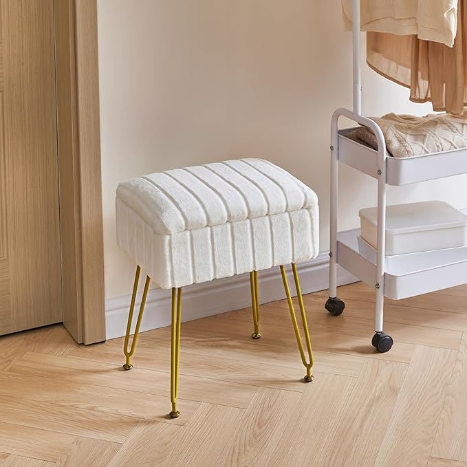 IBUYKE Vanity Chair with Storage Space, Footrest Ottoman, Small Side Table, Vanity Stool for Makeup Room, Bedroom, with Anti-Slip Feet, Faux Fur, White LG-50W