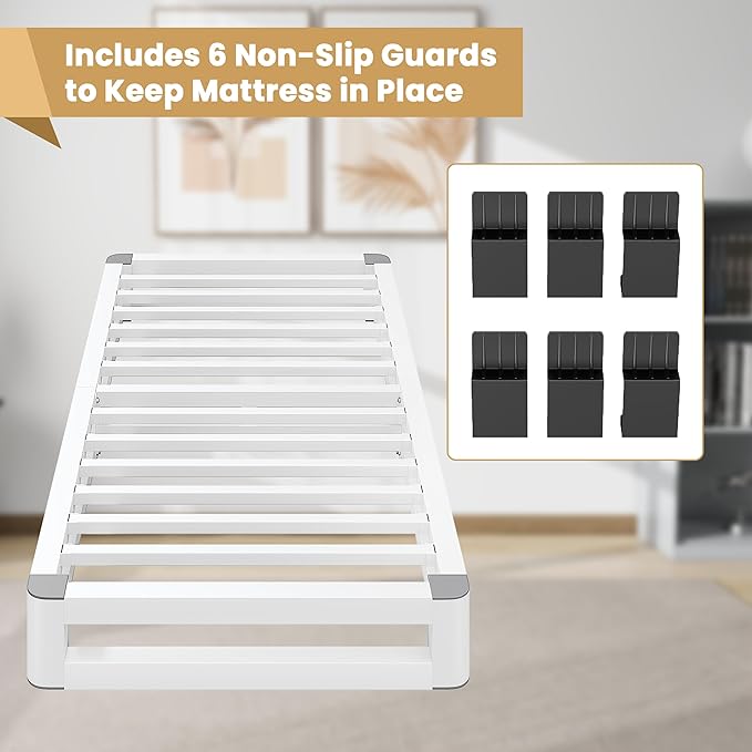 6 Inch Twin Bed Frames with Rounded Corner and Squeak Free U-Slot Design, Metal Platform Bed Frames 6 Non-Slip Guards, 3500lbs Heavy Duty Steel Slat Support, No Box Spring Needed, White