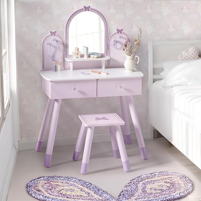 ROBOTIME Purple Kids Vanity Set, Makeup Vanity Desk with Mirror, Chair and Storage Drawers, Little Girl Dressing Table with Stool for Toddlers Ages 3+