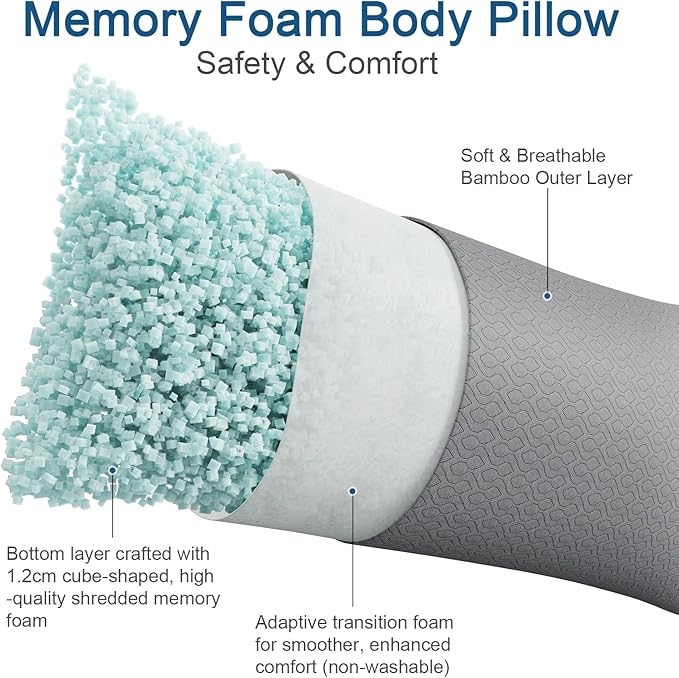 Rainmr Extra Long Body Pillow Memory Foam 160x50cm – Body Pillows for Anime Pillowcase – with Cooling Gray Pillow Cover 20 x 63 inches