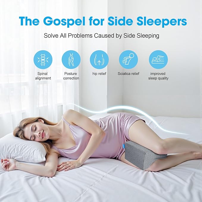 Knee Pillow for Side Sleepers with Cooling Gel, Memory Foam Elevation Pillow for Spine Aligning, Sciatica, Back, Hip, Knee, Ankle Pain, Grey/Plus