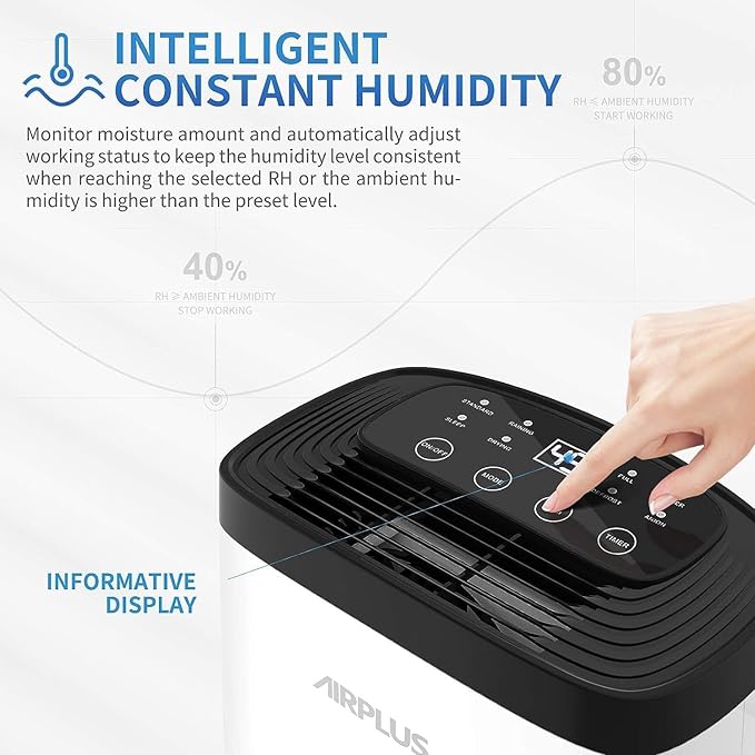 AIRPLUS 1500 Sq Ft Dehumidifier for Home and Basement, 30 Pint Portable Dehumidifiers with Drain Hose for Large Room, Quiet Sleep Mode Dehumidifier for Bedroom, RV De humidifier for Inside Camper