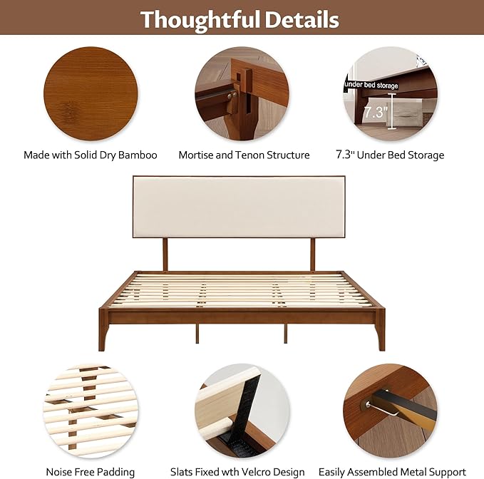 Merax King Size Bamboo Platform Bed, Mid-Century Modern Bed Frame with Upholstered Adjustable Headboard, Wood Slat Support, No Box Spring Needed, Easy Tool-Free Assembly, Brown+Beige