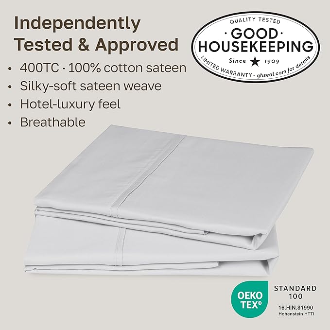 California Design Den King Pillow Cases Set of 2 Cotton - 400 Thread Count Sateen, Natural 100% Cotton King Pillowcases, Soft, Roomy and Breathable - Silver