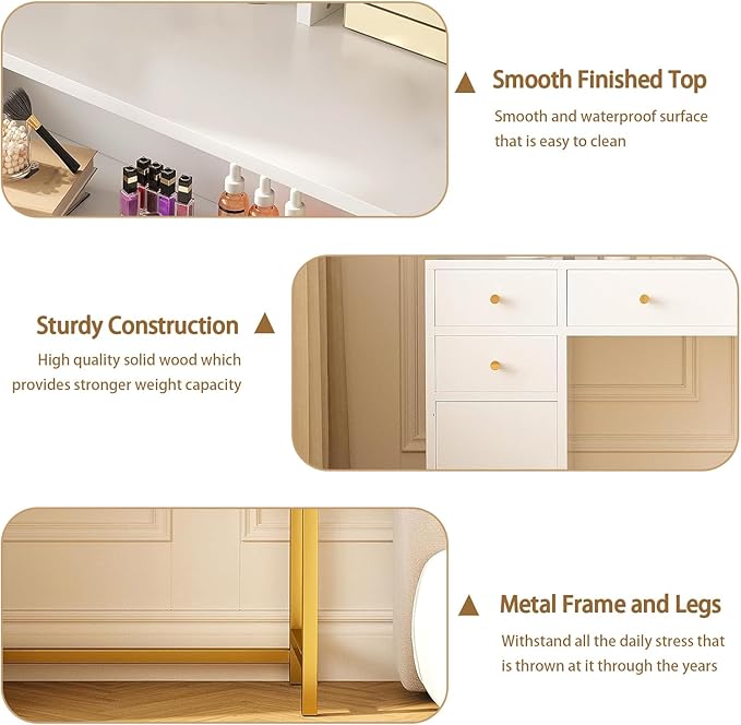 White Vanity Desk with LED Lighted Mirror & Power Outlet, 3 Lighting Modes, Brightness Adjustable Glass Top Makeup Table for Bedroom, White and Gold Dressing Table for Women – Beauty Station & Organiz