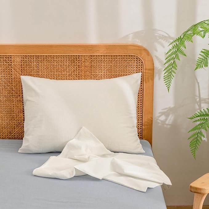 BESTOUCH 100% Washed Cotton Pillowcase for Hair and Skin Linen Feel Soft Comfortable Breathable 2 Set Pillow Case with Envelope Closure Solid Off White Queen 20x30 Inches