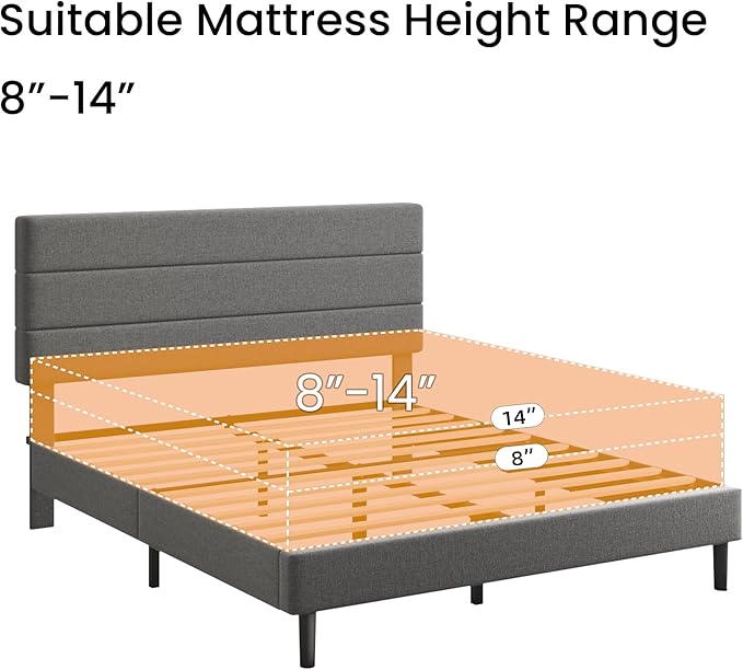 Queen Platform Bed Frame with Adjustable Linen Fabric Upholstered Headboard, Strong Slats Support, Noise-Free, No Box Spring Required, Easy Assembly for Bedroom Guest Room, Grey
