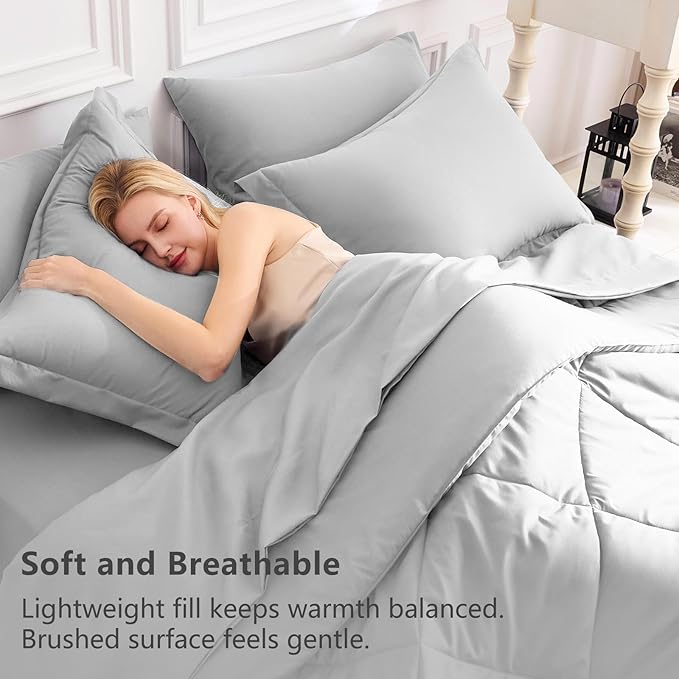 CozyLux California King Comforter Set Light Grey - Cal King Bed in a Bag 7 Pieces, Luxury Soft Bed Set for All Seasons, Bedding Set with Down Alternative Comforter, Sheets, Pillowcases & Shams