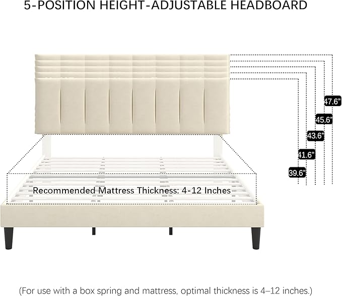 VECELO King Size Bed Frame with Upholstered Headboard, Heavy-Duty Bedframe with Strong Wooden Slats Support, No Boxing Spring Needed, Pale Beige