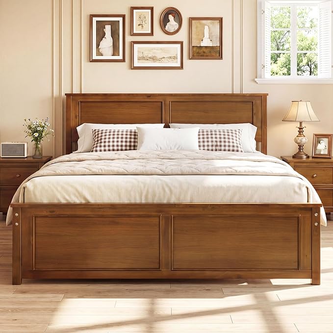 Giantex Wood Queen Size Bed Frame with Headboard, Farmhouse Solid Platform Bed w/Wooden Slat Support Mattress Foundation, Under-Bed Storage, No Box Spring Needed, Walnut