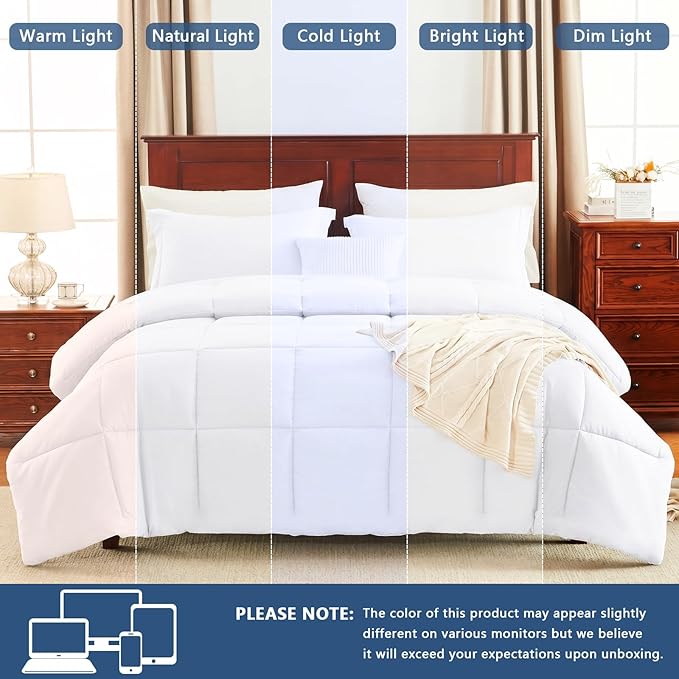 CozyLux Queen Comforter Set - 270GSM White Bedding Sets for All Seasons, 3 Pieces Box Stitched Bed Set with 1 Down Alternative Comforter and 2 Pillow Shams, Soft, Lightweight, Breathable