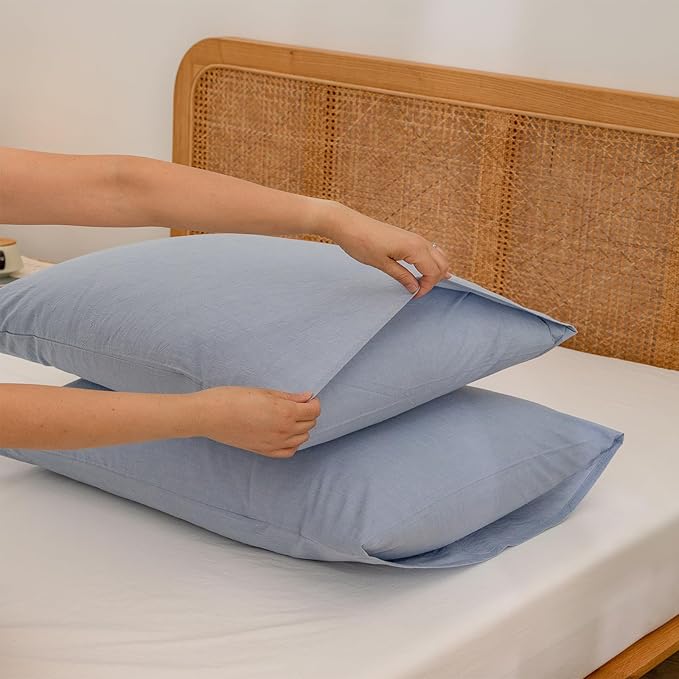 BESTOUCH 100% Washed Cotton Pillowcase for Hair and Skin Linen Feel Soft Comfortable Breathable 2 Set Pillow Case with Envelope Closure Solid Cornflower Blue Standard 20x26 Inches