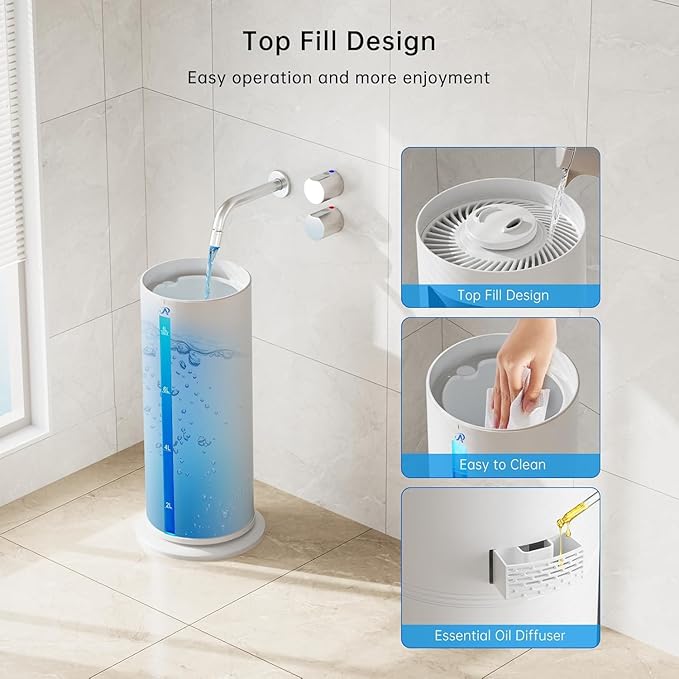 8L/2.1 Gal Humidifiers for Bedroom Large Room, 4 Levels Cool Mist Humidifier with Clear Tank, 7 Color Lights Essential Oil Diffuser with 16H Timer,for Home Plants (snowy white)