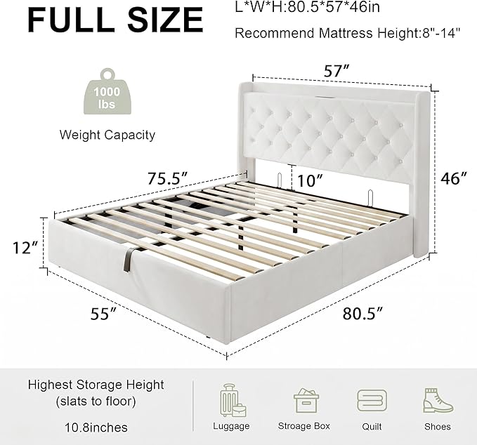 Feonase Full Size Bed Frame with Storage & Charging Station - Hydraulic Lift Up Platform Bed, Upholstered Button Tufted Headboard, Sturdy Wooden Slats, Noise-Free, No Box Spring Needed,White