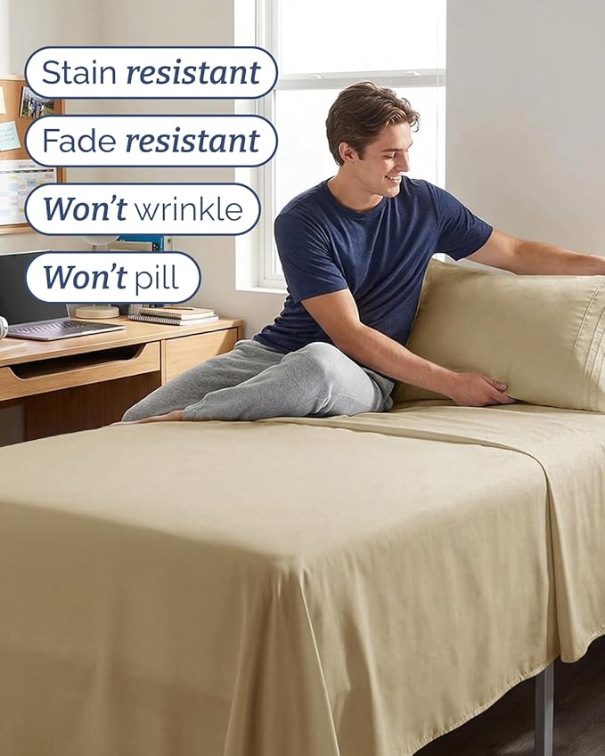 Twin XL 4 Piece Sheet Set - Comfy, Breathable & Cooling - Hotel Luxury Bedding for Women, Men, Kids, Teens and Children - 1 Flat & 1 Fitted Sheet & 2 Pillowcases w/ Deep Pockets - Wrinkle Free - Beige
