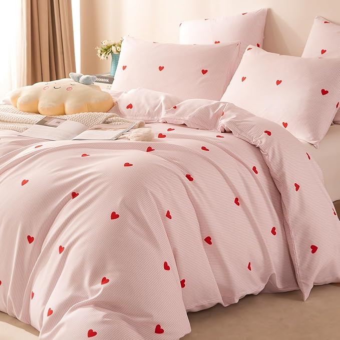 Nayoroom Heart Duvet Cover Queen Size Cute Pink Striped Printed Bedding Set 3Pcs Kids Girls Kawaii Heart-Shaped Comforter Cover with Zipper Closure Soft Breathable Microfiber