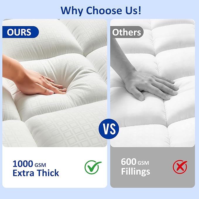 Full Size Mattress Topper for Back Pain, Extra Thick Pillow Top Mattress Pad with 1000GSM Down Alternative Filling, Cooling Breathable Plush Bed Topper Protector Cover (8-21" Deep Pocket)