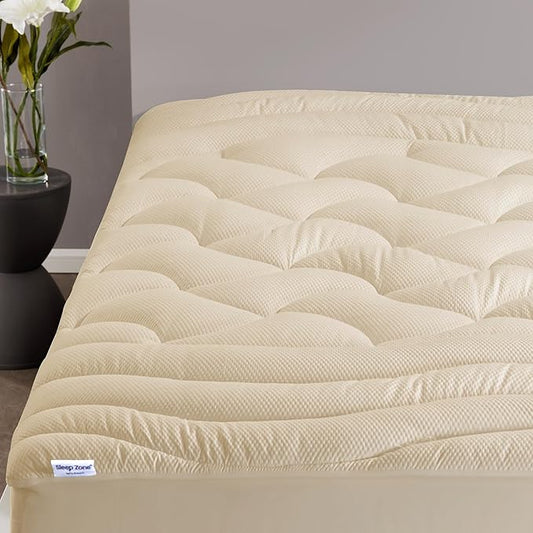 SLEEP ZONE Cooling Queen Mattress Topper, Premium Zoned Cool Mattress Pad Cover, Padded Mattress Protector Breathable Washable, Deep Pocket 8-21" (Beige, Queen)