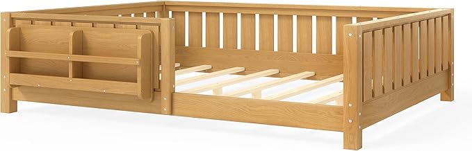 Bellemave Full Size Kids Montessori Bed with Bookshelf,Solid Wood Full Floor Bed Frame with Fence and Slats for Girls Boys,Low-Profile,Light Natural