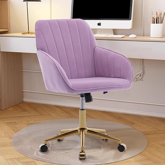 Velvet Vanity Chair with Wheels, Height Adjustable Swivel Makeup Chair, Armless Small Desk Chair for Bedroom/Office/Vanity Table, 250 lbs Capacity (Velvet, Lilac-2)