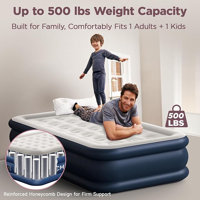 CHERIMOR Twin XL Air Mattress with Built in Pump, 18" Raised Comfort, 21-Coil Honeycomb Support & 550lb Capacity, Reinforced PVC, 2-Min Inflation Inflatable Mattress for Guest Room & Sleepover