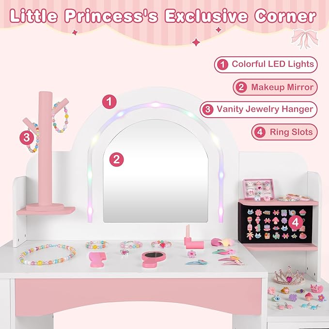 INFANS Kids Vanity with Lights, Princess Makeup Desk with Mirror, Jewelry Hanger, Fabric Drawers, Toddler Table and Chair Set Pretend Play for Girls