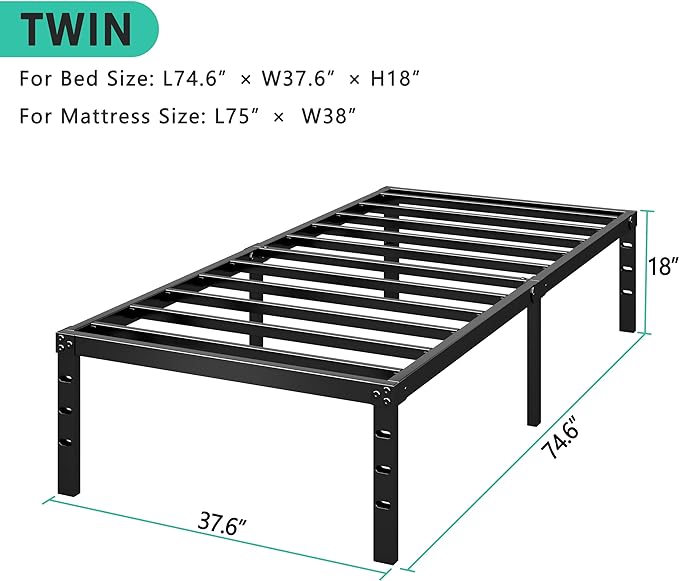 HLIPHA Metal Platform Bed Frame 12 Inch Tall,No Box Spring Needed,Twin Size Bed with Heavy Duty Strong Support Slats,Easy to Assemble,Black