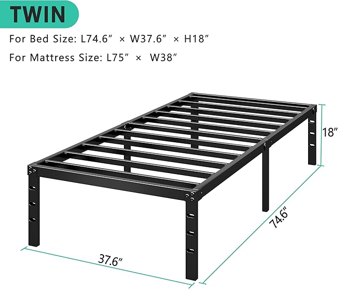 HLIPHA Metal Platform Bed Frame 14 Inch Tall,No Box Spring Needed,Twin Size Bed with Heavy Duty Strong Support Slats,Easy to Assemble,Black