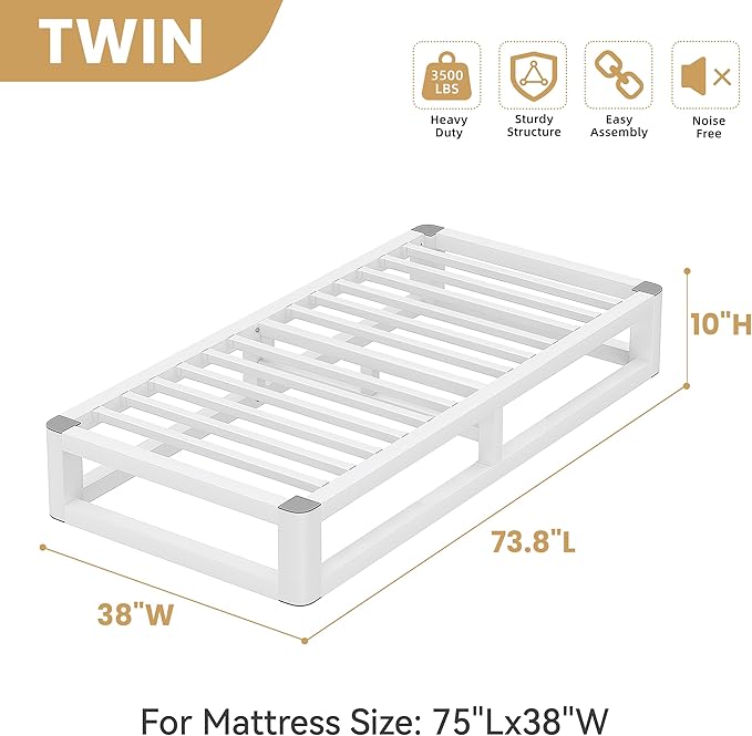 10 Inch Twin Bed Frames with Rounded Corner and Squeak Free U-Slot Design, Metal Platform Bed Frames 6 Non-Slip Guards, 3500lbs Heavy Duty Steel Slat Support, No Box Spring Needed, White