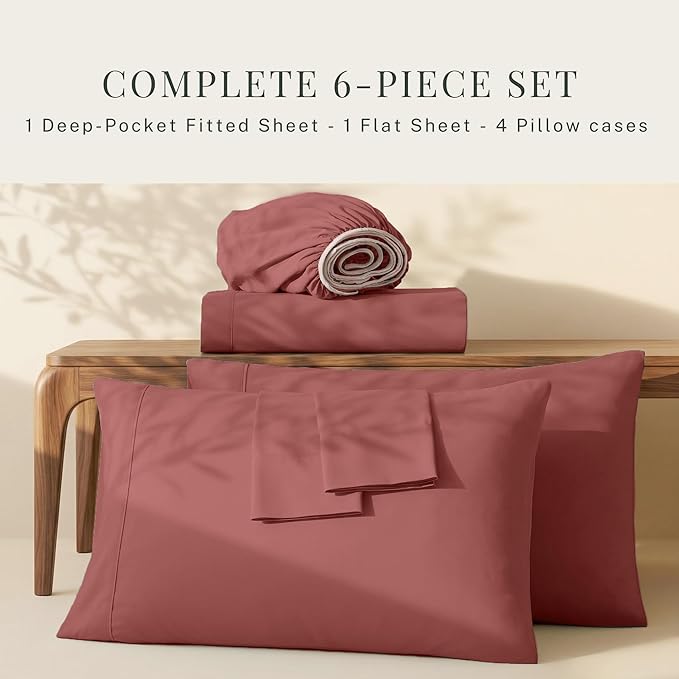 Hearth & Harbor Bed Sheets, Luxury Soft 6 Piece Bed Sheet Set Extra Deep Pocket Fitted Sheets Fits Mattress up to 21", Double Brushed Bedding Sheets & Pillowcases,