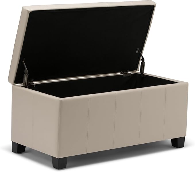 SIMPLIHOME Dover Storage Ottoman Bench - 36 inch Wide Upholstered Vegan Leather Rectangular Lift-Top Ottoman in Satin Cream, Contemporary Bench for Living Room with Safety Hinges