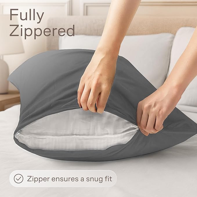 Ultra Soft Pillow Protectors with Zipper King Size - Set of 4 Breathable Pillow Covers - 100% Protection Against Stains, Dust & Dirt - Machine Washable (Gray)