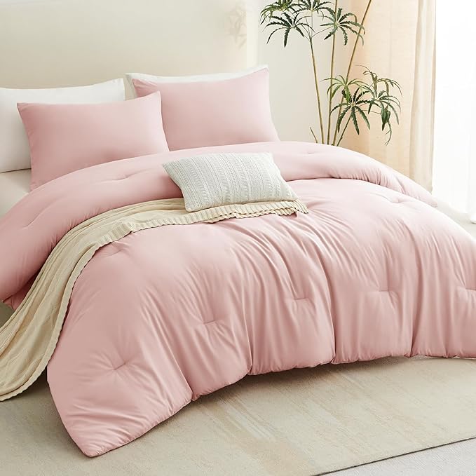 CozyLux Oversized Queen Comforter Set Blush Pink, 3 Pieces 98x98 Solid Breathable Quilted Bedding Sets All Season, Luxury Soft Lightweight Bed Set with Down Alternative Comforter and 2 Pillowcases