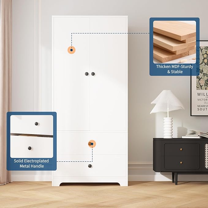 Garvee 71" Armoire Wardrobe Closet, Modern Wooden Bedroom Armoire with 2 Drawers & 2 Doors and Adjustable Shelves，Clothing Storage Cabinet with Aluminum Hanging Rod, Locker