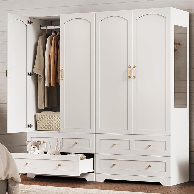 Set of 2 Armoire Wardrobe Closet, with Full-Length Mirror, Bedroom Armoires with 2 Storage Drawers & 2 Door Cabinet, White Freestanding Wardrobe Combination with Hanging and Organizing Clothes